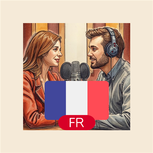 MotWise app icon: two podcast hosts at a microphone with a French flag