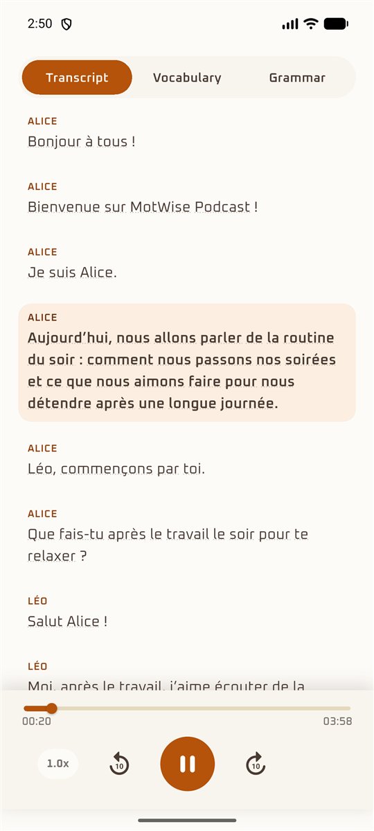 MotWise transcript with the current line highlighted while the audio plays
