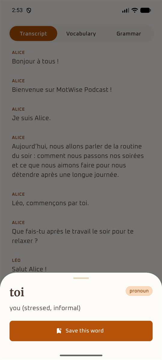 Word definition sheet for the French word toi with a Save this word button